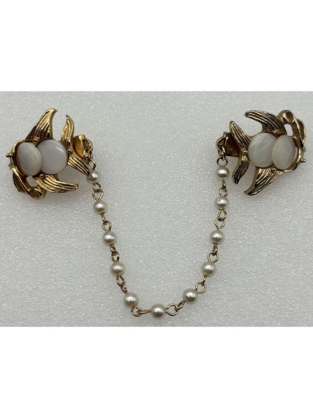 Vintage Sweater Guards Stylized Fish Mother of Pearl Faux Pearl Chain Gold Tone